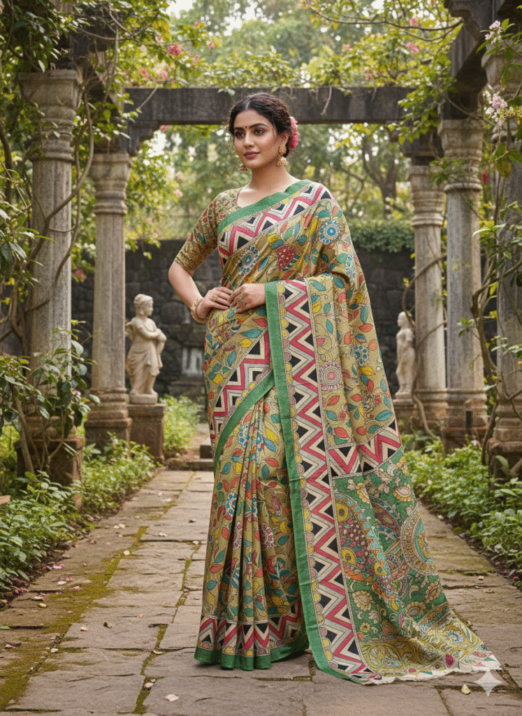 Hand-Painted Kalamkari on Pure Green- Red Bishnupuri Tussar Silk Saree - Copy