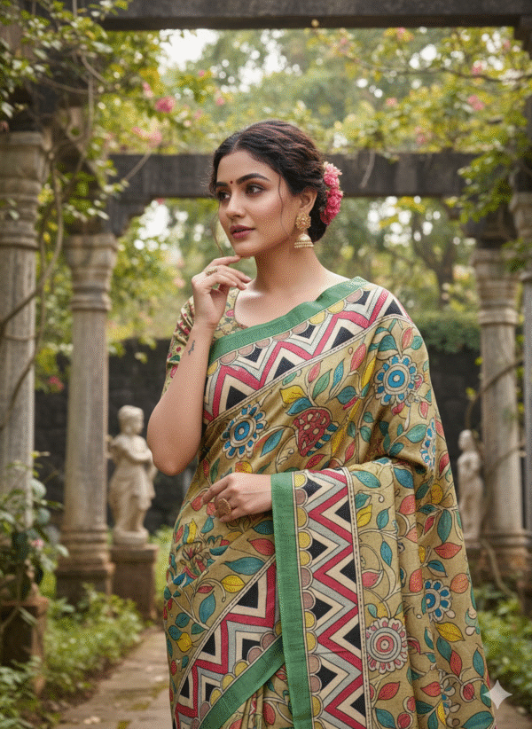 1759283485685 Hand-Painted Kalamkari on Pure Green- Red Bishnupuri Tussar Silk Saree - Copy