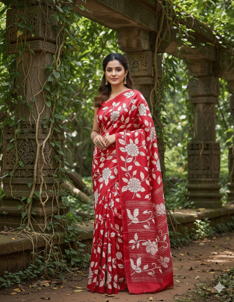 Special Hand-Painted Red Murshidabad Silk Saree