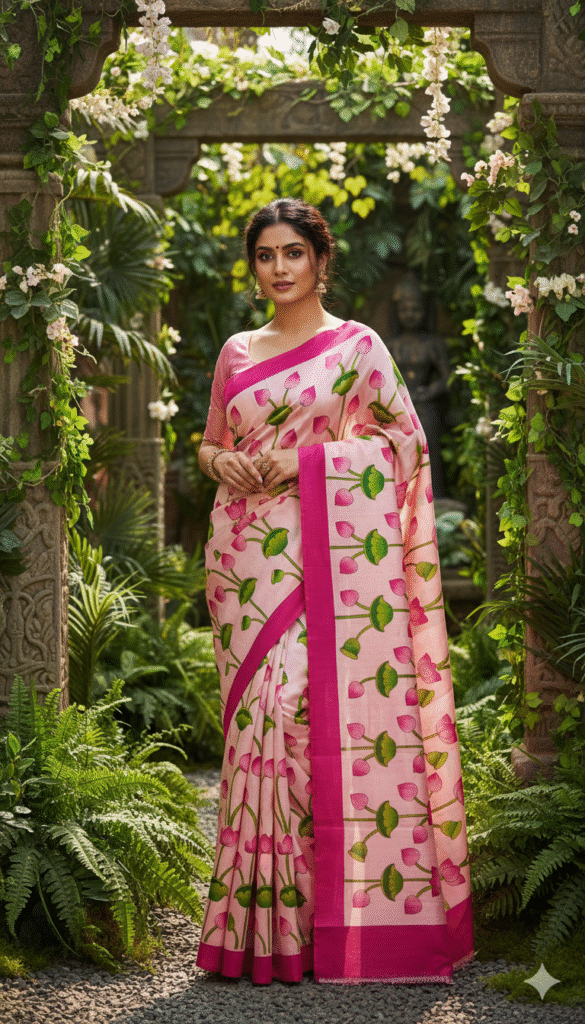 Special Hand-Painted Pink Murshidabad Silk Saree