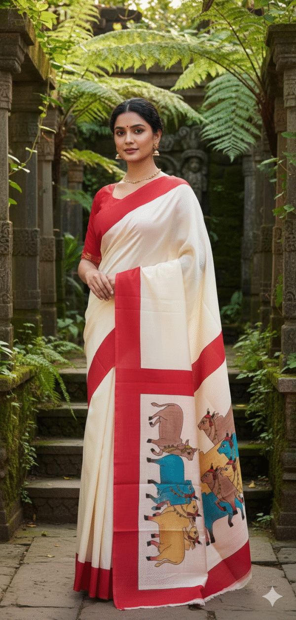 Special Hand-Painted Biege Murshidabad Silk Saree