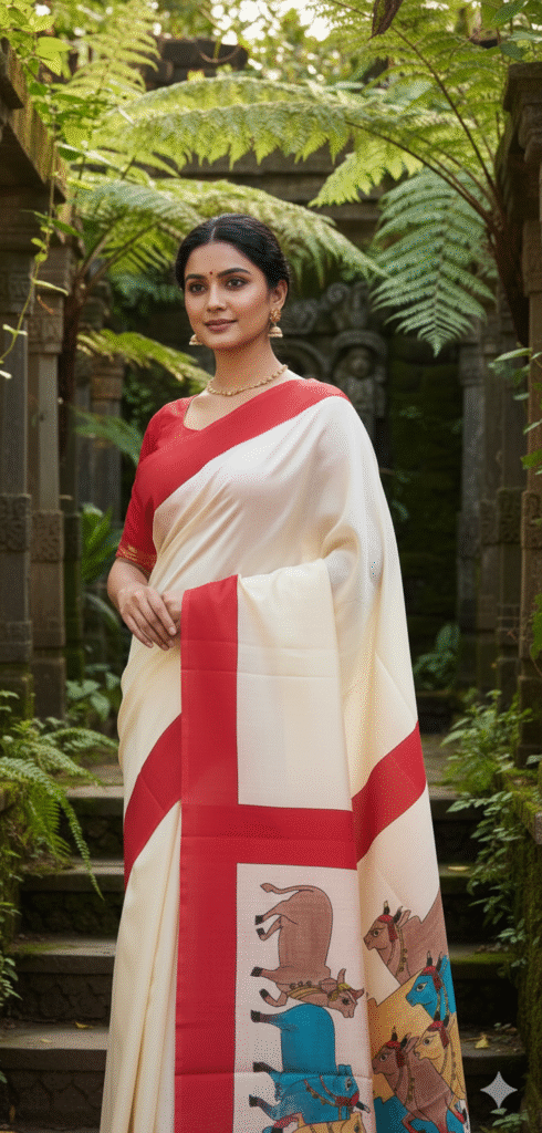 Special Hand-Painted Biege Murshidabad Silk Saree