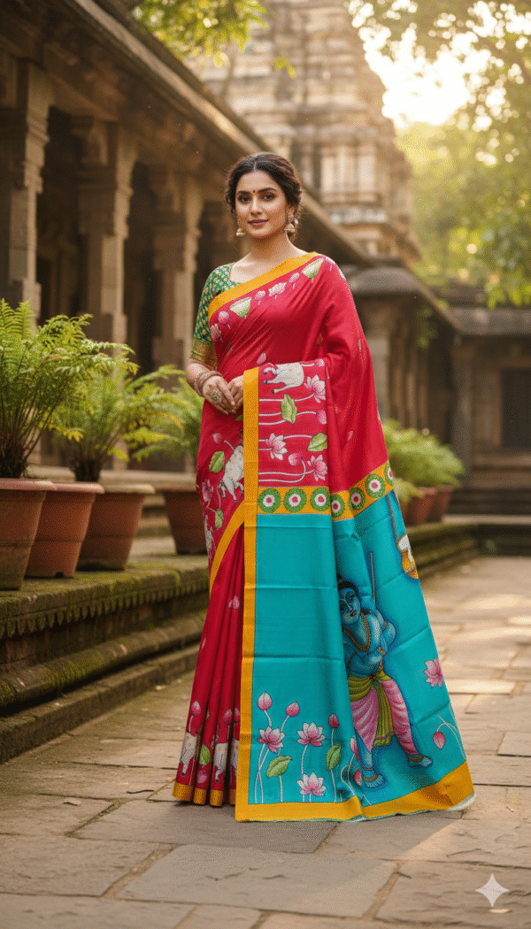 Special Hand-Painted Ocean Red Murshidabad Silk Saree