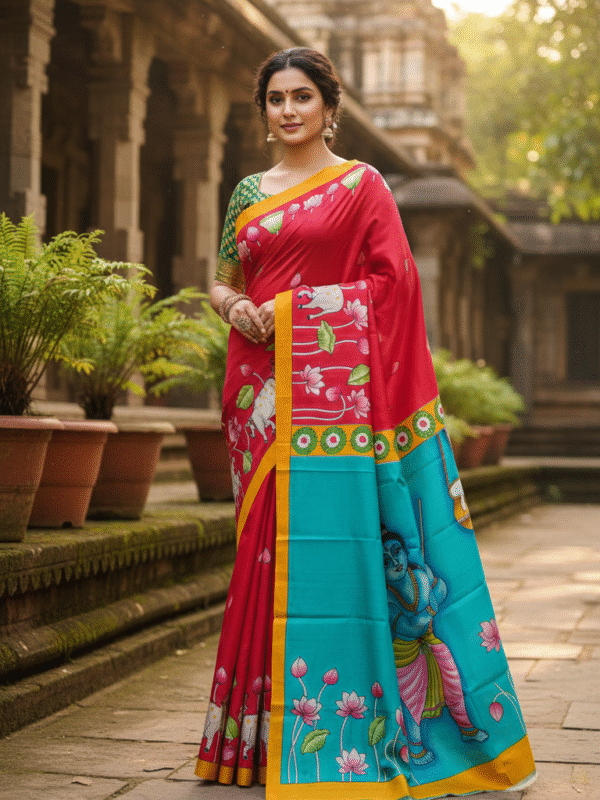 1759285073452 Special Hand-Painted Ocean Red Murshidabad Silk Saree