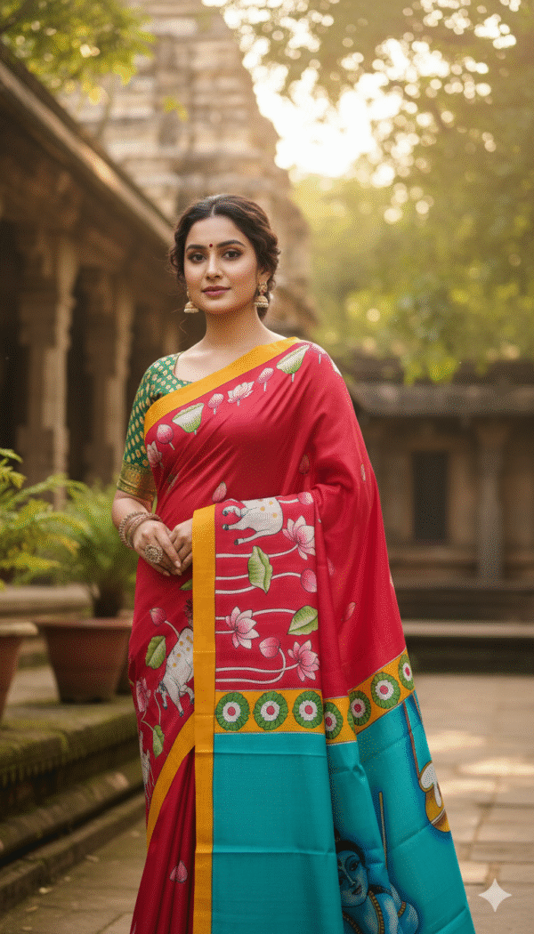 Special Hand-Painted Ocean Red Murshidabad Silk Saree