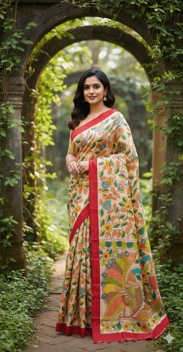 Special Hand-Painted Light Yellow Murshidabad Silk Saree