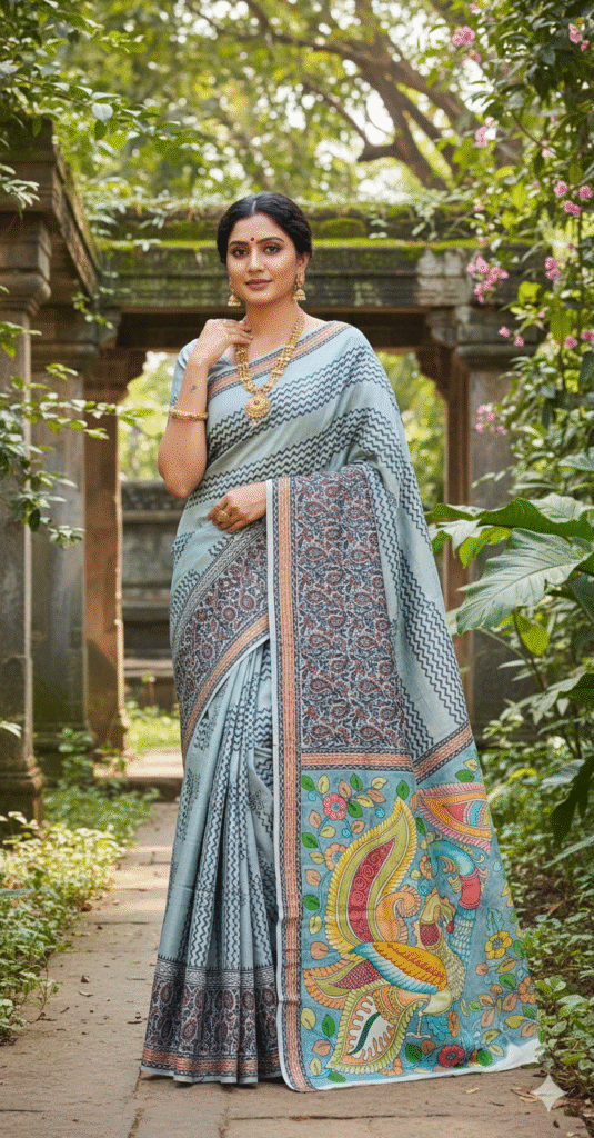 Special Hand-Painted Light Blue Murshidabad Silk Saree