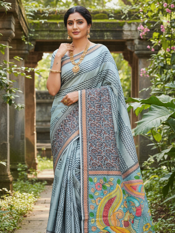 1759285473897 Special Hand-Painted Light Blue Murshidabad Silk Saree