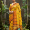 Special Hand-Painted Strip Yellow Murshidabad Silk Saree