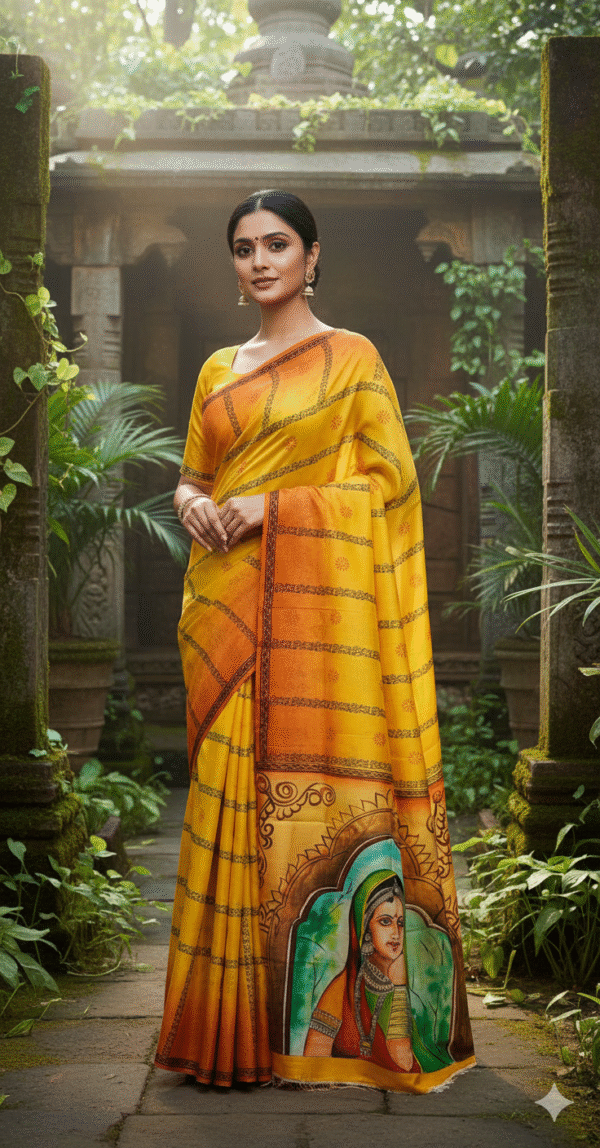 Special Hand-Painted Strip Yellow Murshidabad Silk Saree