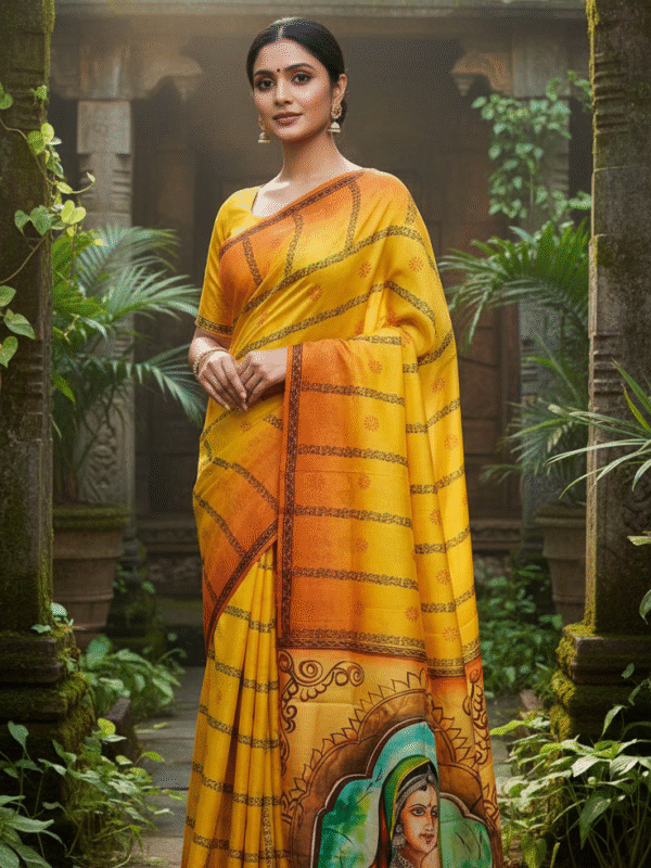 Special Hand-Painted Strip Yellow Murshidabad Silk Saree