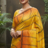Special Hand-Painted Strip Yellow Murshidabad Silk Saree