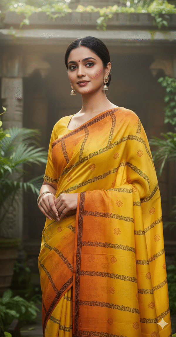 Special Hand-Painted Strip Yellow Murshidabad Silk Saree