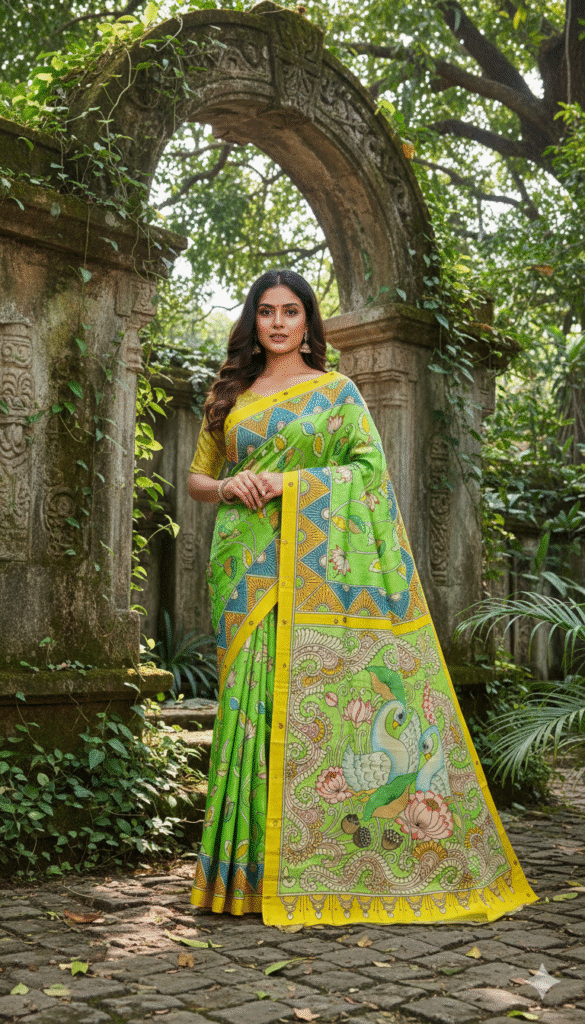 Special Hand-Painted Strip Grass-Green Murshidabad Silk Saree