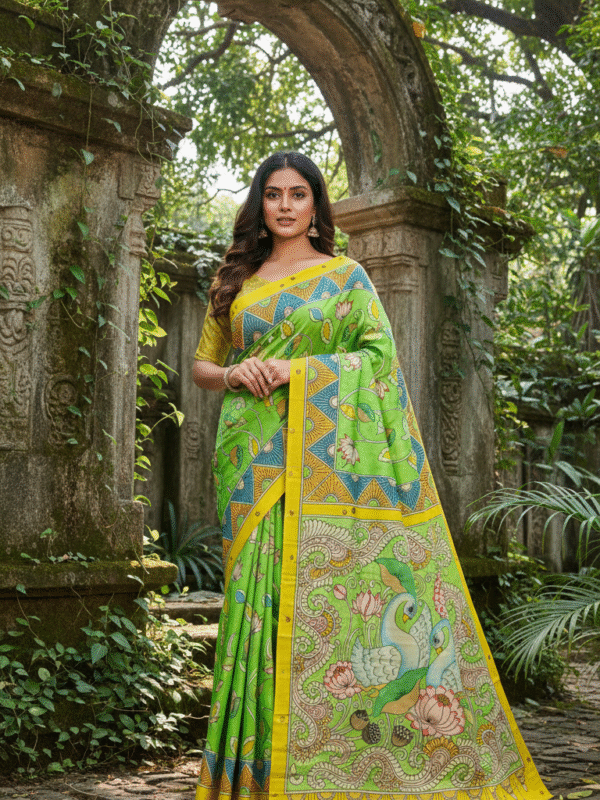 1759285987823 Special Hand-Painted Strip Grass-Green Murshidabad Silk Saree