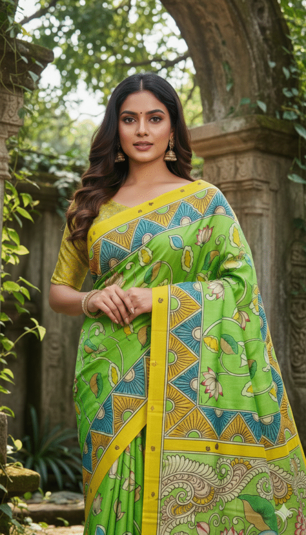 Special Hand-Painted Strip Grass-Green Murshidabad Silk Saree