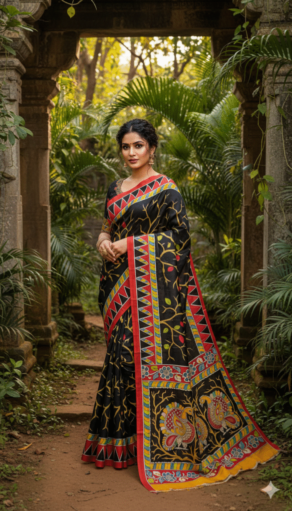 Special Hand-Painted Strip Black-Red Murshidabad Silk Saree
