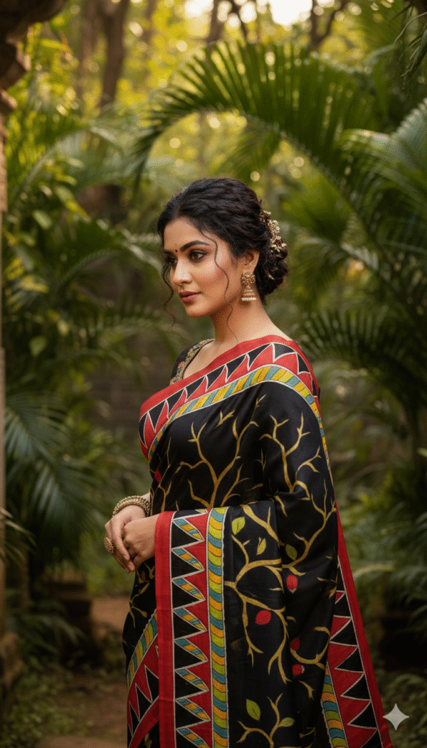 Special Hand-Painted Strip Black-Red Murshidabad Silk Saree