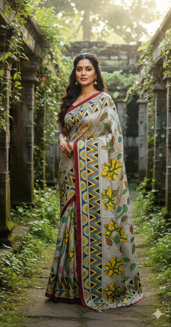 Special Hand-Painted Strip Green-Biege Murshidabad Silk Saree