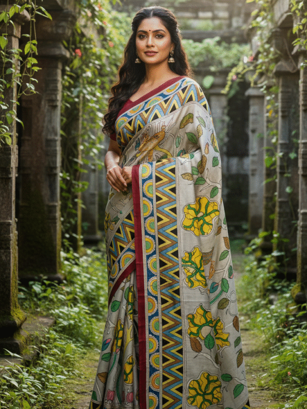 Special Hand-Painted Strip Green-Biege Murshidabad Silk Saree