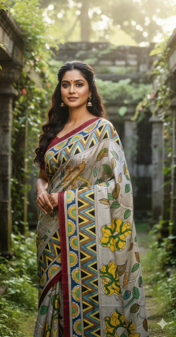 Special Hand-Painted Strip Green-Biege Murshidabad Silk Saree