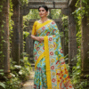 Special Hand-Painted Strip Green-Yellow Murshidabad Silk Saree