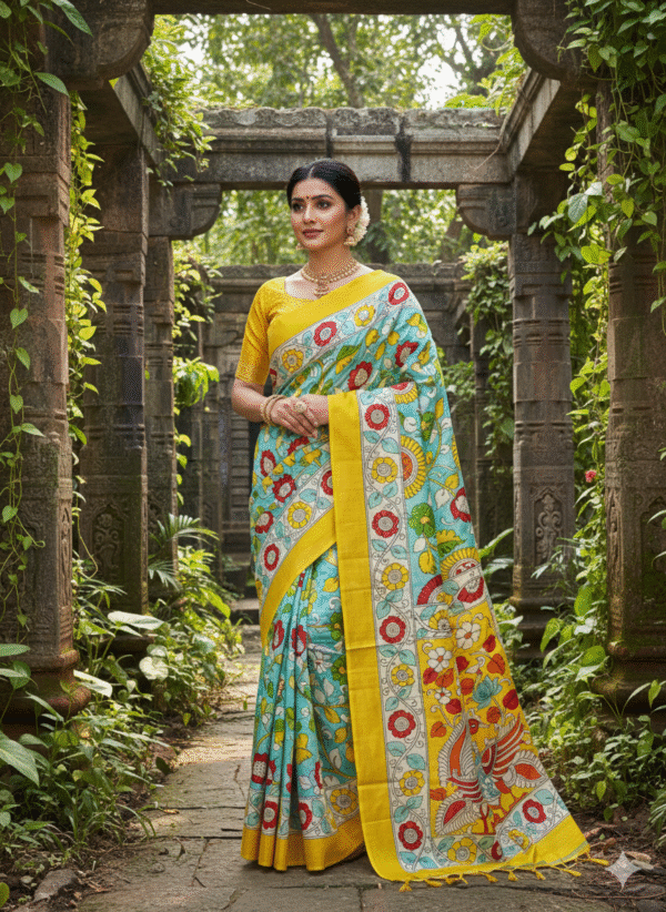 Special Hand-Painted Strip Green-Yellow Murshidabad Silk Saree