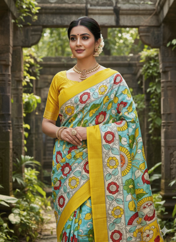 Special Hand-Painted Strip Green-Yellow Murshidabad Silk Saree