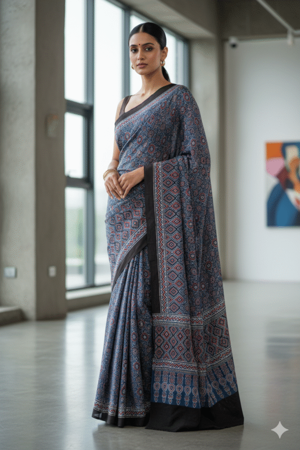 1759311645583 Blue Black Border Pure Modal Silk Ajrakh Saree – Handcrafted with Natural Dyes