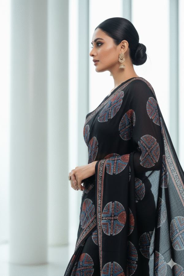 Black Pure Modal Silk Ajrakh Saree – Handcrafted with Natural Dyes