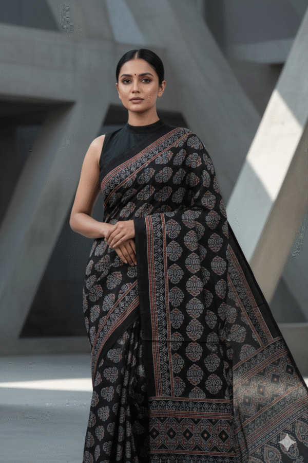 Black-Red Pure Modal Silk Ajrakh Saree – Handcrafted with Natural Dyes