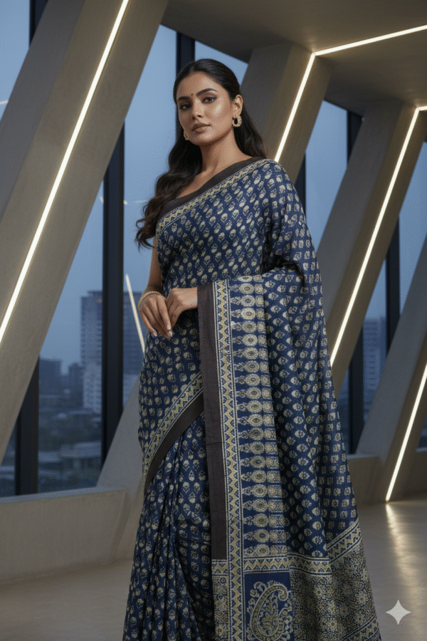 Blue Black Border Pure Modal Silk Ajrakh Saree – Handcrafted with Natural Dyes