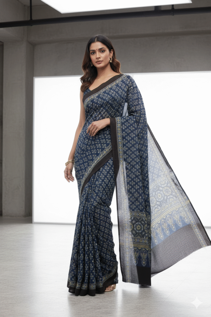 Blue Pattern Pure Modal Silk Ajrakh Saree – Handcrafted with Natural Dyes