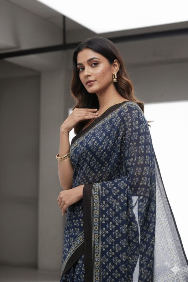 Blue Pattern Pure Modal Silk Ajrakh Saree – Handcrafted with Natural Dyes