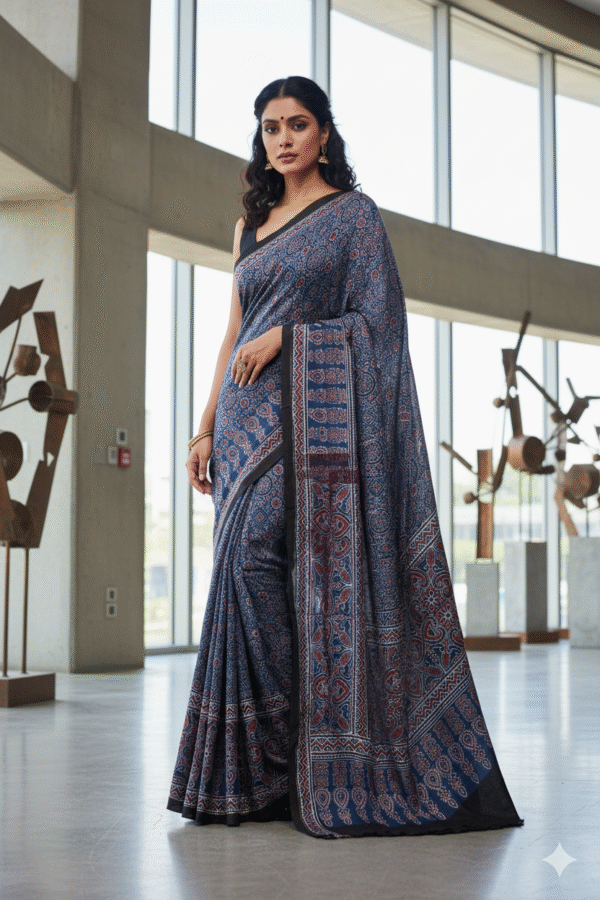 1759312823442 Dark Blue Pattern Pure Modal Silk Ajrakh Saree – Handcrafted with Natural Dyes