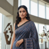 1759312870234 Dark Blue Pattern Pure Modal Silk Ajrakh Saree – Handcrafted with Natural Dyes