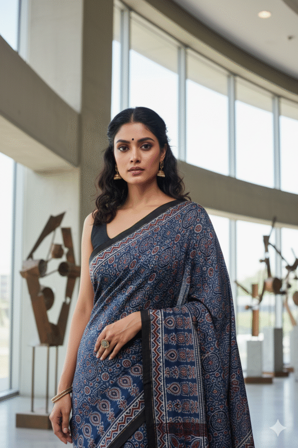 1759312870234 Dark Blue Pattern Pure Modal Silk Ajrakh Saree – Handcrafted with Natural Dyes