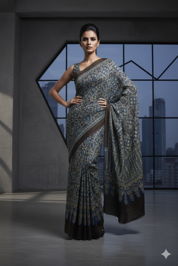 Balck Biege Pattern Pure Modal Silk Ajrakh Saree – Handcrafted with Natural Dyes