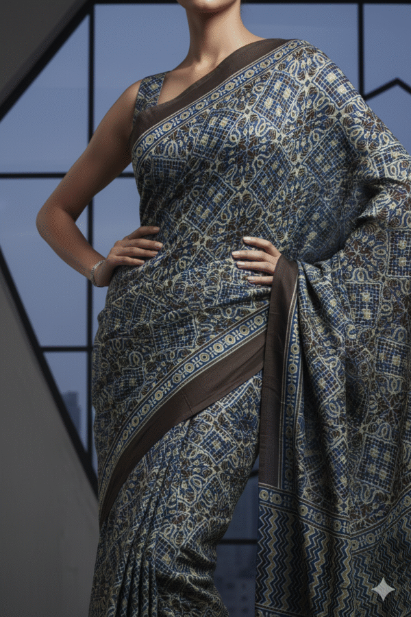 Balck Biege Pattern Pure Modal Silk Ajrakh Saree – Handcrafted with Natural Dyes