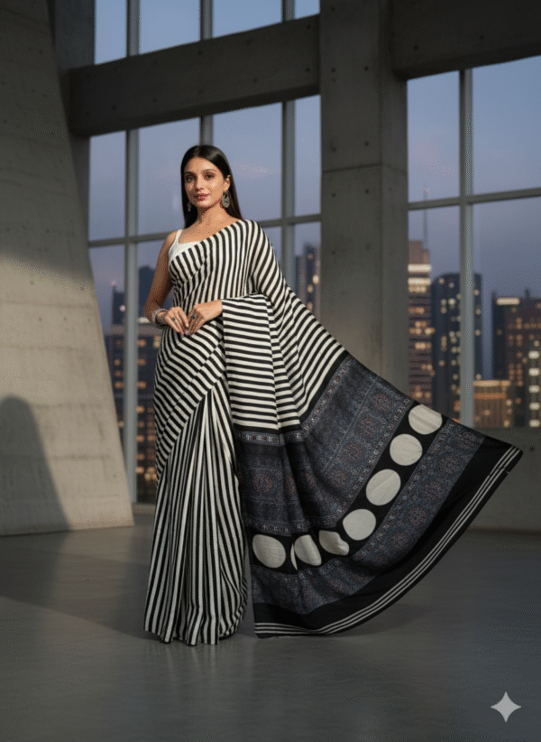 1759313137598 Pure Modal Black and White Silk Hand Block Printed Saree with Natural Dyes