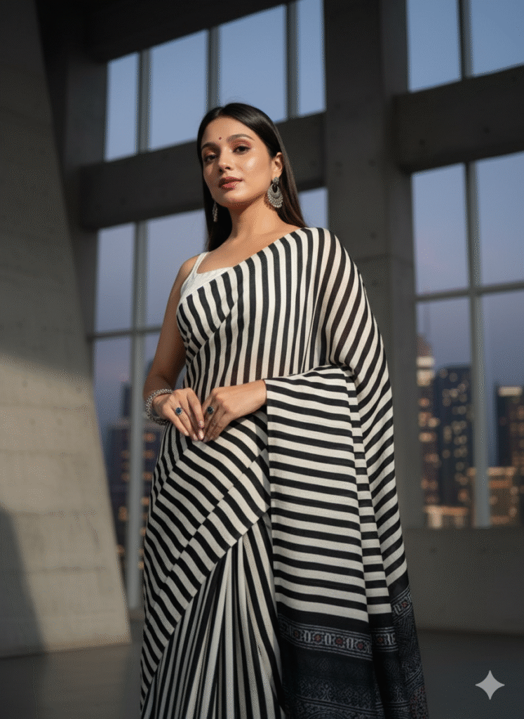 Pure Modal Black and White Silk Hand Block Printed Saree with Natural Dyes