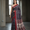 Pure Modal Black and Red Silk Hand Block Printed Saree with Natural Dyes
