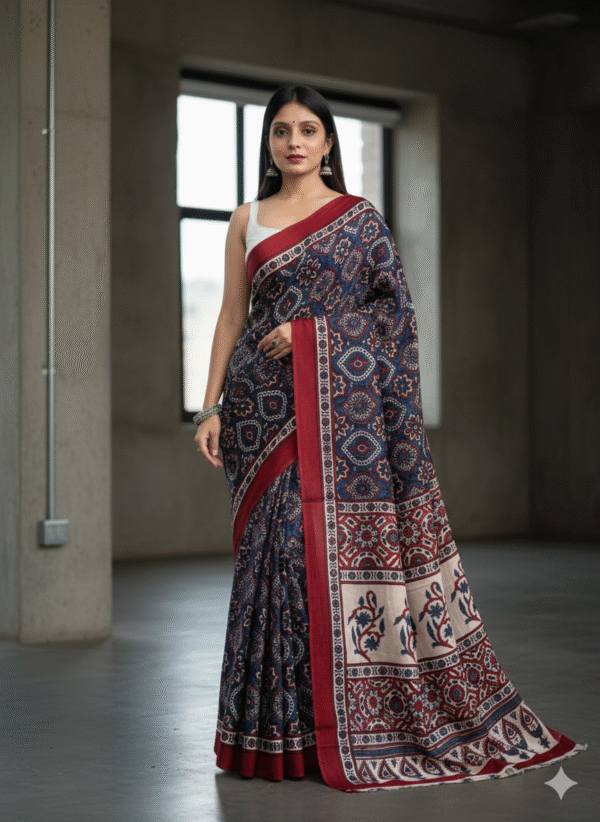 Pure Modal Black and Red Silk Hand Block Printed Saree with Natural Dyes