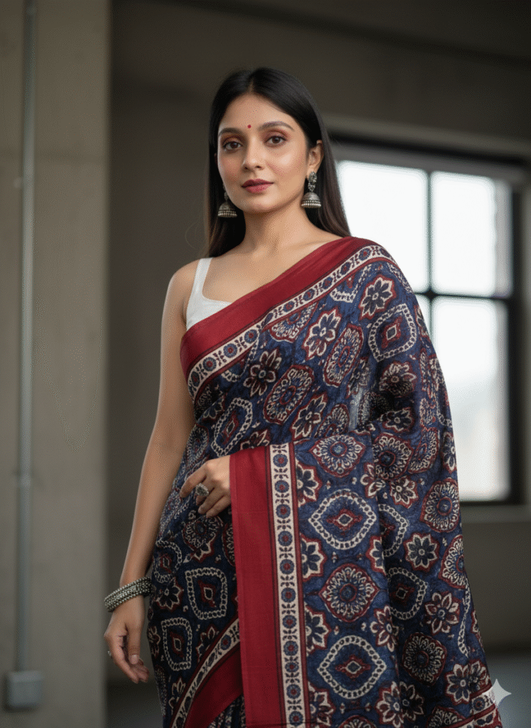 Pure Modal Black and Red Silk Hand Block Printed Saree with Natural Dyes