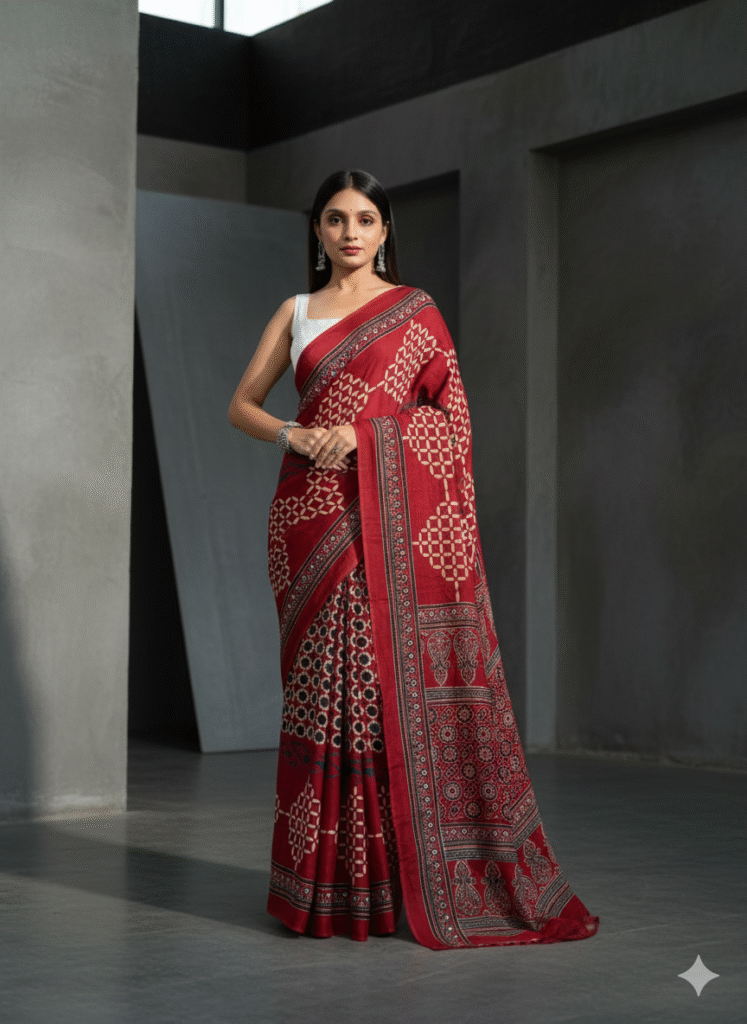 Pure Modal Red Silk Hand Block Printed Saree with Natural Dyes