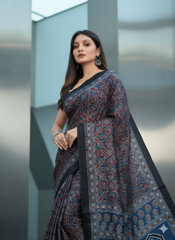 Pure Modal Silk Hand Block Printed Saree with Natural Dyes