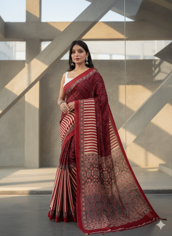 Pure Modal Red Strip Silk Hand Block Printed Saree with Natural Dyes