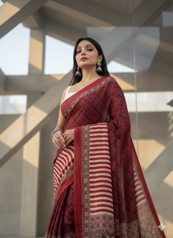 Pure Modal Red Strip Silk Hand Block Printed Saree with Natural Dyes