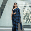 Pure Modal Black Blue Silk Hand Block Printed Saree with Natural Dyes