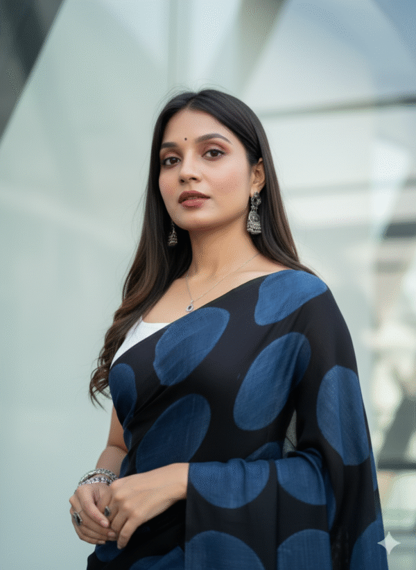Pure Modal Black Blue Silk Hand Block Printed Saree with Natural Dyes